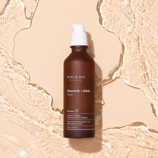 Mary & May Vitamin B5 + Bifida Toner – A 120ml bottle of hydrating toner with 30,000ppm Bifida Ferment Lysate and 1,000ppm Vitamin B5, designed to deeply hydrate, soothe, and strengthen the skin barrier.