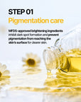 Applying the Step 1 ampoule from the MIGUHARA 2 Step Whitening Mask Pack – The ampoule is massaged into the skin to deliver concentrated brightening ingredients like niacinamide and peptides.