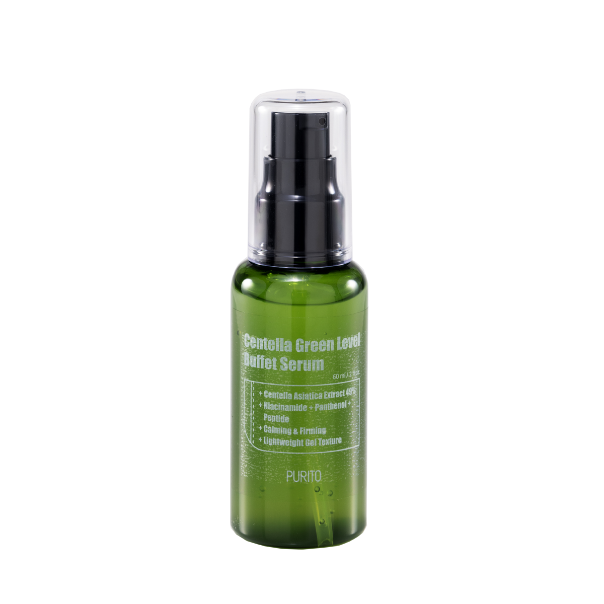 Purito Centella Green Level Buffet Serum, a 60ml serum packed with Centella Asiatica, Niacinamide, and Peptides to heal, brighten, and hydrate your skin while reducing wrinkles and improving skin texture.