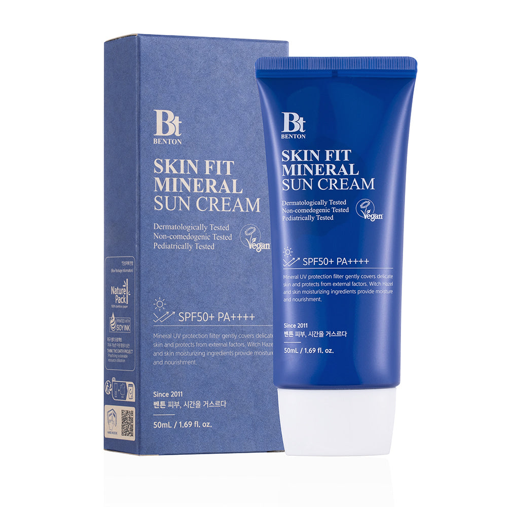 Benton Skin Fit Mineral Sun Cream packaging – Free from artificial fragrances and coloring, featuring calming ingredients like CICA and Witch Hazel for sensitive skin.