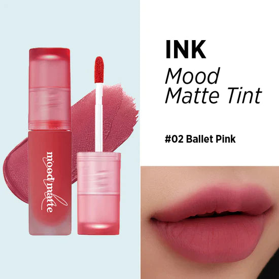 Peripera Ink Mood Matte Tint offering a smooth, matte finish with a soft, blurred effect, ideal for a comfortable and long-lasting lip look. Available in 5 shades: Peach Puree, Ballet Pink, Oatmeal Rose, Soft Cedarwood, Ginger Red.