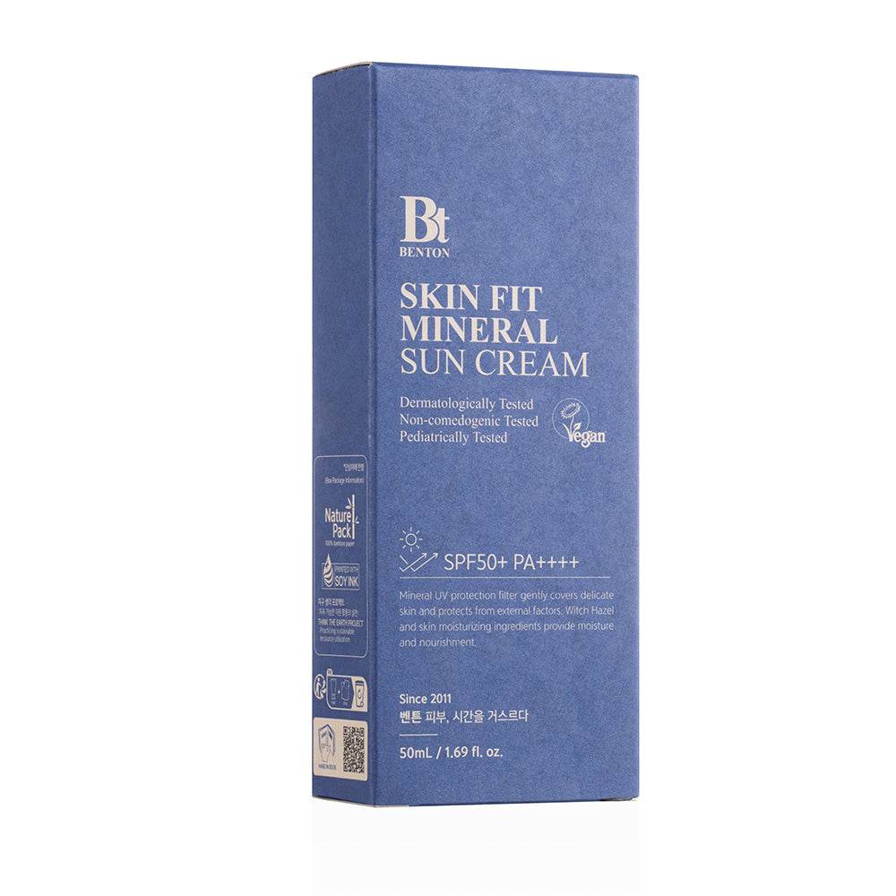 Benton Skin Fit Mineral Sun Cream packaging – Free from artificial fragrances and coloring, featuring calming ingredients like CICA and Witch Hazel for sensitive skin