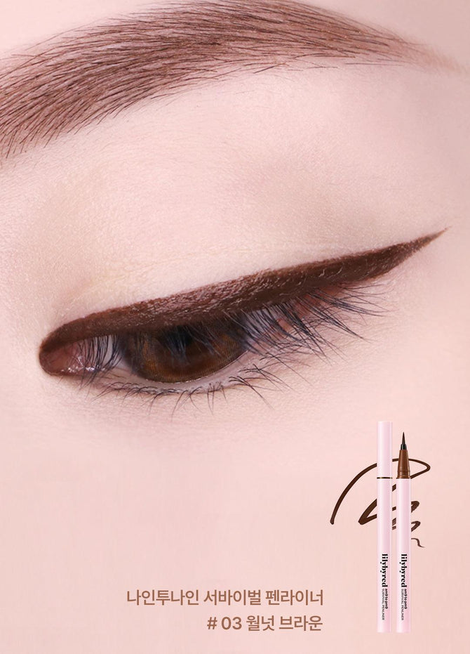 Close-up of the 0.1 mm super-fine tip of Lilybyred AM9 to PM9 Survival Penliner – Ideal for precise, thin lines or bold cat-eye looks.