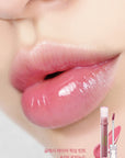 Close-up of lips with Lilybyred Glassy Layer Fixing Tint – Shows the glossy finish and vivid color in shades like Muscat Shower, Kill Me Plum, and Berry Kitsch.