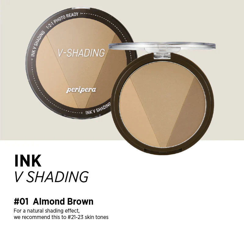 Peripera Ink V Shading contour powder in a compact size, designed for creating natural 3D shading on the face. Comes in three shades: Almond Brown 01, Cacao Brown 02, and Hazel Gray, providing a sculpted, soft, and smooth contour finish.
