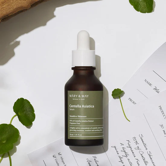 Mary & May Centella Asiatica Serum – A soothing serum with 95% Centella Asiatica Extract, designed to calm and hydrate sensitive, irritated skin while boosting elasticity and regeneration.