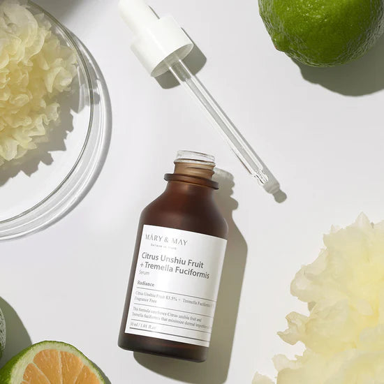 Mary & May Citrus Unshiu Fruit + Tremella Fuciformis Serum – A brightening and hydrating serum featuring 83.5% Citrus Unshiu Fruit Extract and 9.7% Tremella Fuciformis Extract for a glowing complexion.