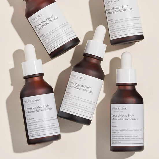 Mary & May Citrus Unshiu Fruit + Tremella Fuciformis Serum – A brightening and hydrating serum featuring 83.5% Citrus Unshiu Fruit Extract and 9.7% Tremella Fuciformis Extract for a glowing complexion.