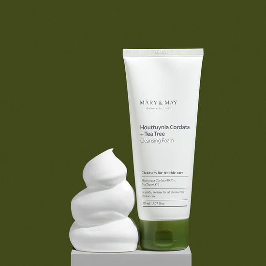Close-up of Mary & May Houttuynia Cordata Tea Tree Cleansing Foam – The rich, creamy foam forming after dispensing the cleanser, highlighting its smooth texture and hydrating properties.