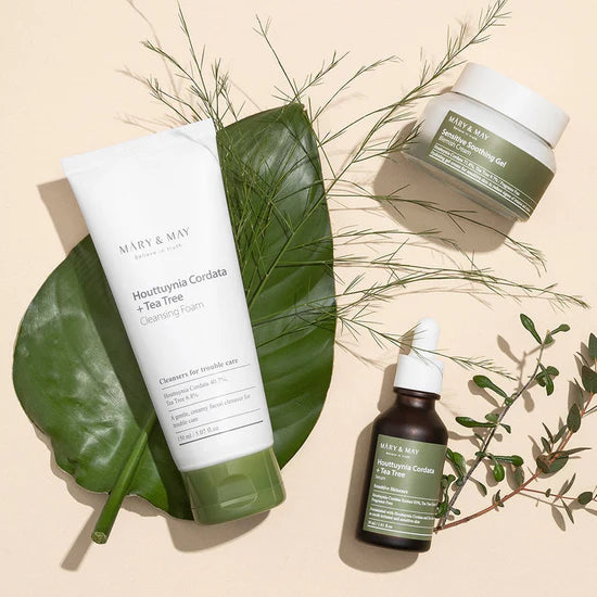 Mary & May Houttuynia Cordata Tea Tree Cleansing Foam – A 150ml bottle of creamy cleanser formulated with 40.7% Houttuynia Cordata and 6.8% Tea Tree Extract, designed to calm and cleanse troubled skin.