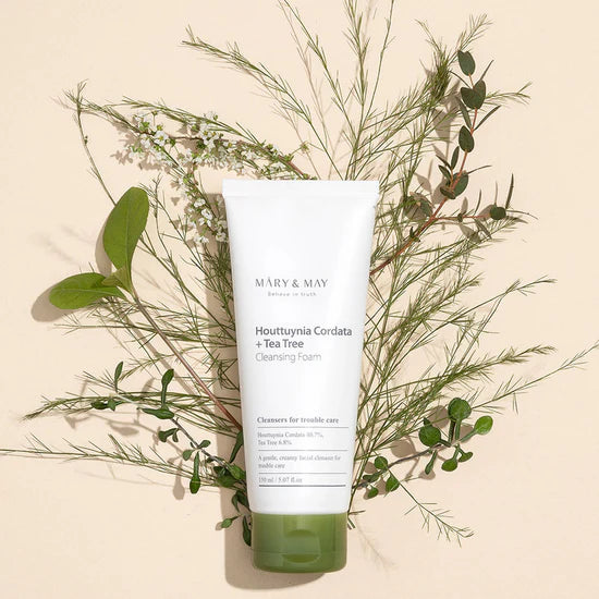 Mary & May Houttuynia Cordata Tea Tree Cleansing Foam – A 150ml bottle of creamy cleanser formulated with 40.7% Houttuynia Cordata and 6.8% Tea Tree Extract, designed to calm and cleanse troubled skin.