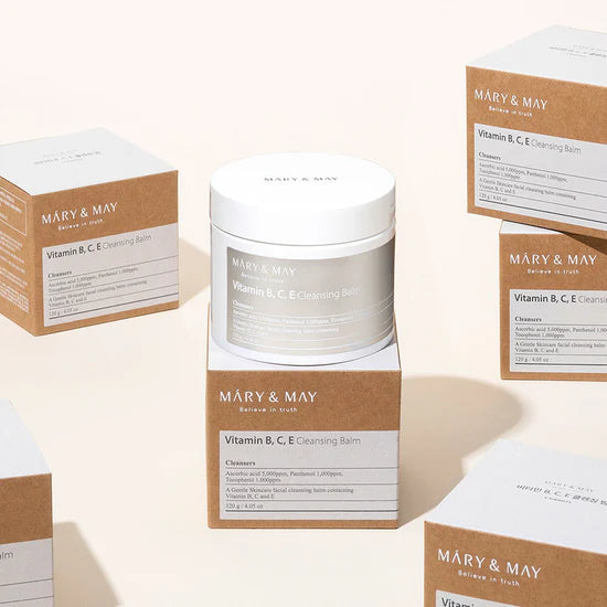 Mary & May Vitamin B C E Cleansing Balm – A 120g jar of soft, non-flowing cleansing balm enriched with Vitamins C, B, and E, designed to gently remove makeup, oil, and blackheads while brightening and hydrating the skin.