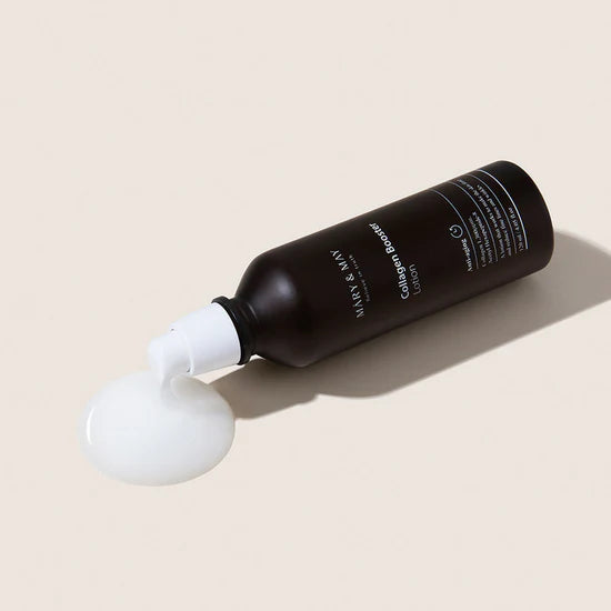 Close-up of the Mary & May Collagen Booster Lotion texture – A lightweight and non-greasy lotion that absorbs quickly, leaving the skin soft, smooth, and hydrated.
