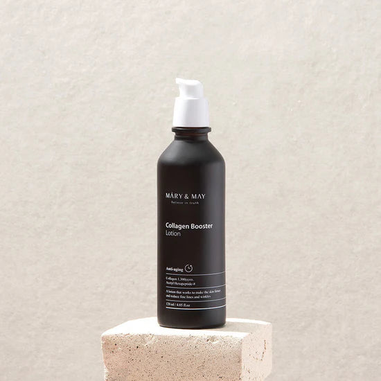 Mary & May Collagen Booster Lotion – Lightweight, fast-absorbing lotion with low molecular collagen, Acetyl Hexapeptide-8, and plant-based lipids for improved skin firmness and elasticity.