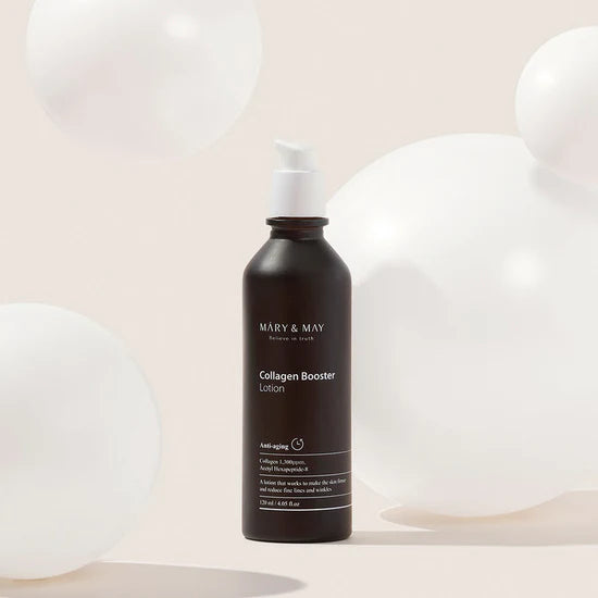 Mary & May Collagen Booster Lotion – Lightweight, fast-absorbing lotion with low molecular collagen, Acetyl Hexapeptide-8, and plant-based lipids for improved skin firmness and elasticity.