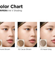 Swatches of the Peripera Ink V Shading powders in three shades: Almond Brown, Cacao Brown, and Hazel Gray. Each shade offers natural contouring that blends seamlessly for a sculpted, defined look.