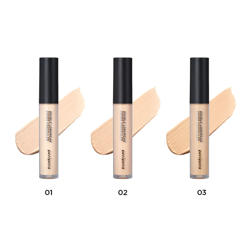 Swatches of the Peripera Double Longwear Cover Concealer on skin, showing how easily the product blends into the skin and provides full coverage while maintaining a natural finish.