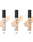 Swatches of the Peripera Double Longwear Cover Concealer on skin, showing how easily the product blends into the skin and provides full coverage while maintaining a natural finish.