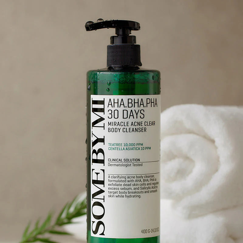 Some By Mi AHA BHA PHA Miracle Acne Body Cleanser – A body wash with AHA, BHA, and PHA to exfoliate, clear acne, and smooth the skin.