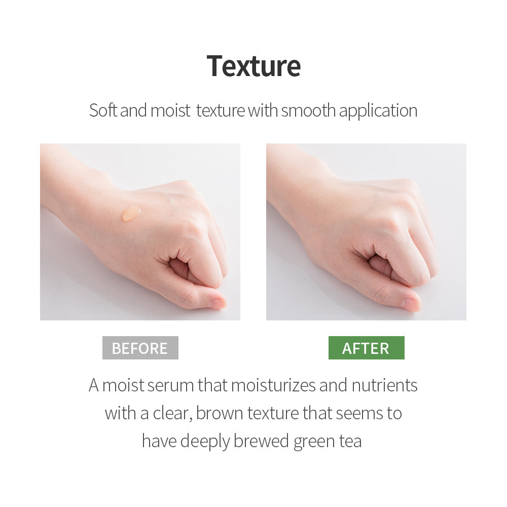 Before and after image showing the revitalizing effects of Benton Deep Green Tea Serum, with skin becoming more hydrated, clear, and smooth