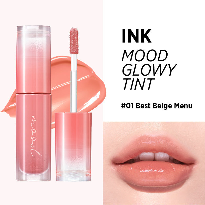 Peripera Ink Mood Glowy Tint available in 6 colors featuring a glossy, hydrating formula with a Triple Layer Glow Mechanism for a fresh, plumped look.
