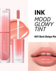 Peripera Ink Mood Glowy Tint available in 6 colors featuring a glossy, hydrating formula with a Triple Layer Glow Mechanism for a fresh, plumped look.
