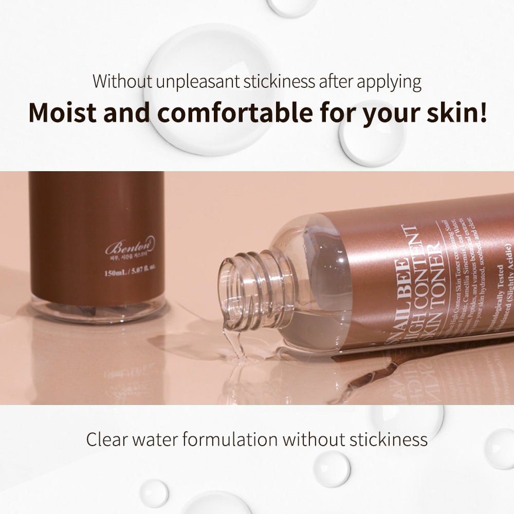 Close-up of Benton Snail Bee High Content Skin Toner texture – Lightweight, hydrating toner that nourishes and calms fatigued skin with natural ingredients