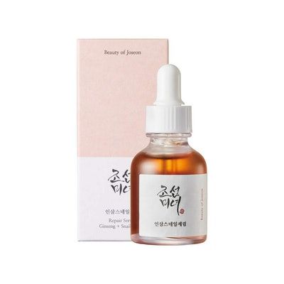 Beauty of Joseon Revive Serum Ginseng + Snail Mucin, a 30ml serum that improves skin elasticity and hydration with 63% ginseng root water and 3% snail mucin