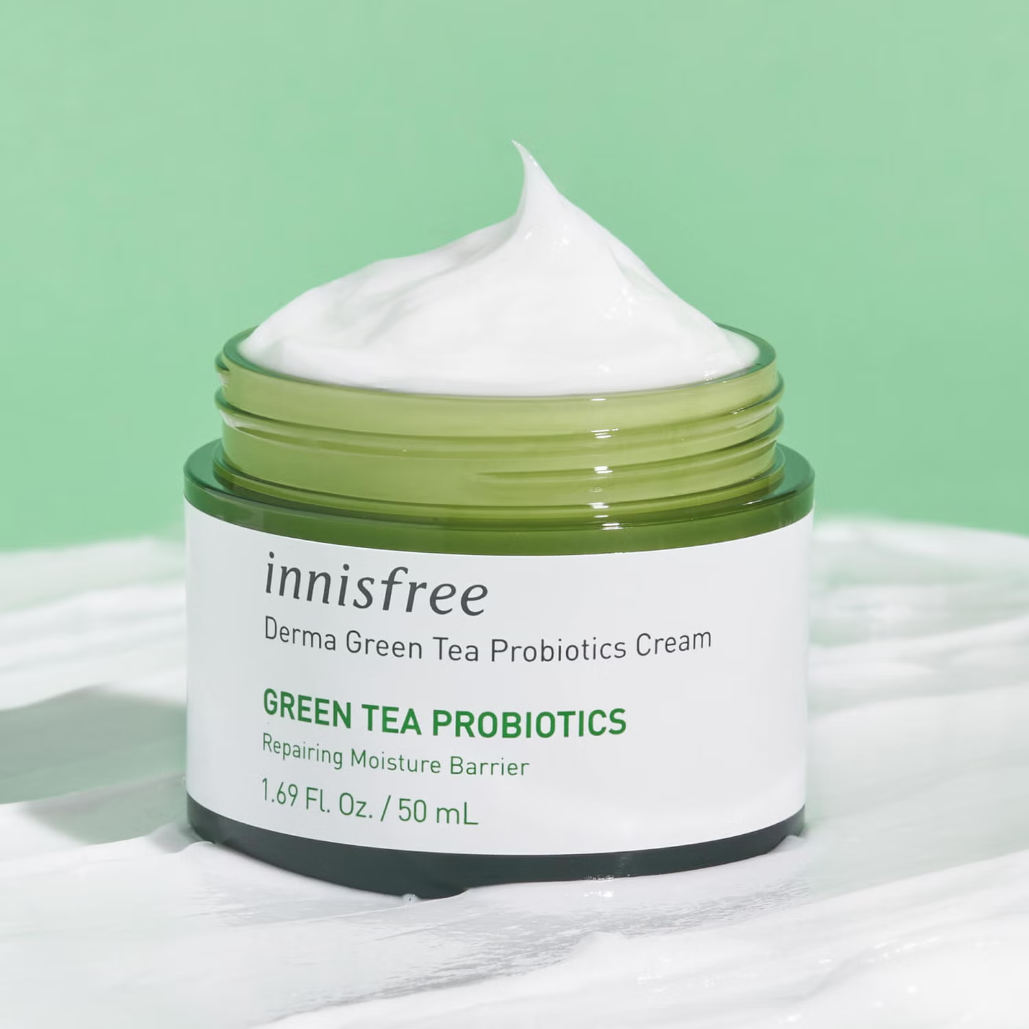 Close-up of Innisfree Derma Green Tea Probiotics Cream – rich, smooth texture that provides 48-hour hydration and repairs dry, damaged skin