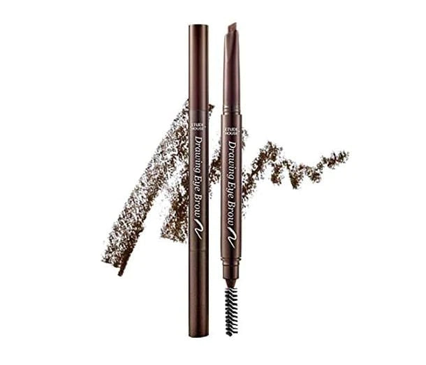 Etude House Drawing Eyebrow Pencil – triangular tip for precise, natural-looking eyebrows, available in Brown, Dark Brown, and Black