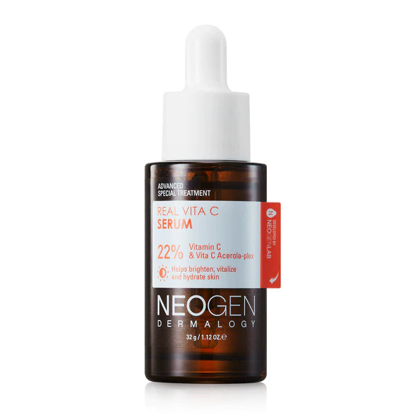 Neogen Dermalogy Real Vita C Serum (32 ml) displayed with its vibrant, citrus-inspired packaging, emphasizing its brightening and revitalizing properties with vitamin C and citrus extracts.