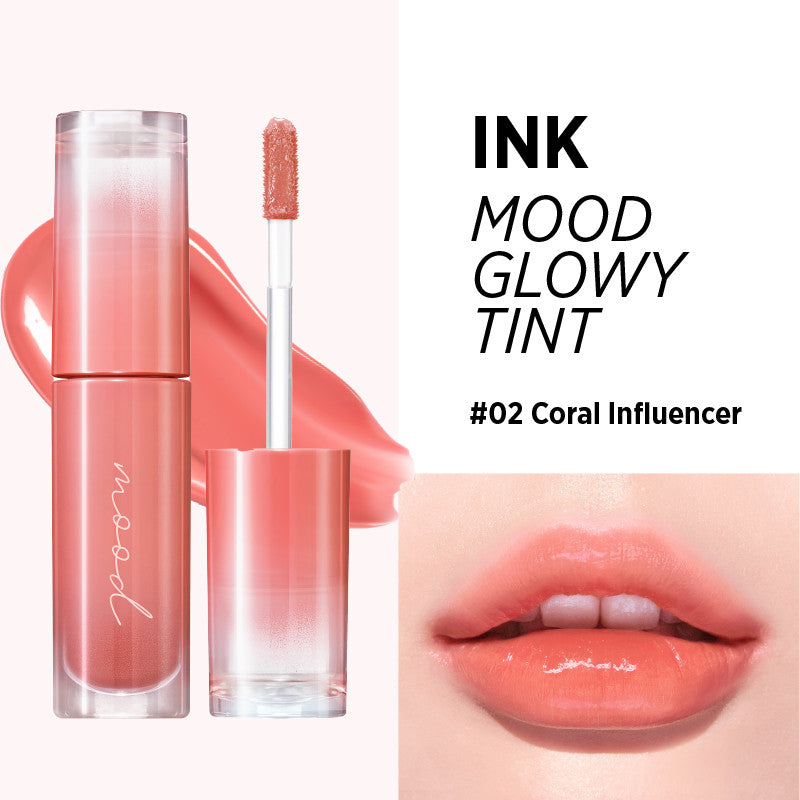 Peripera Ink Mood Glowy Tint available in 6 colors featuring a glossy, hydrating formula with a Triple Layer Glow Mechanism for a fresh, plumped look.