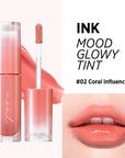 Peripera Ink Mood Glowy Tint available in 6 colors featuring a glossy, hydrating formula with a Triple Layer Glow Mechanism for a fresh, plumped look.