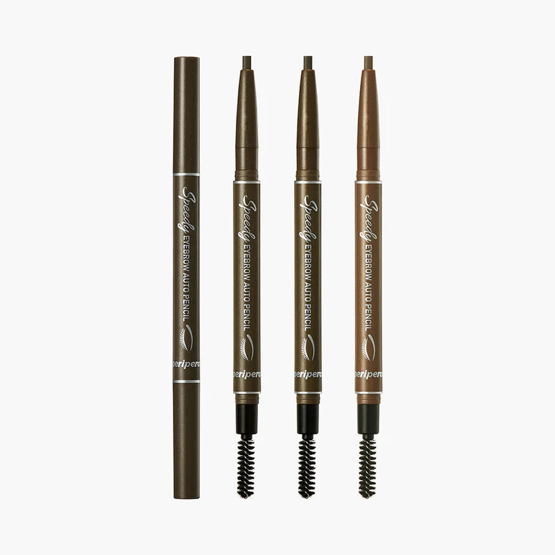 Peripera Speedy Eyebrow Auto Pencil with a sleek, easy-to-use design. Available in two shades: Black Brown and Gray Brown. The pencil creates natural-looking, long-lasting brows with a smooth, soft finish.
