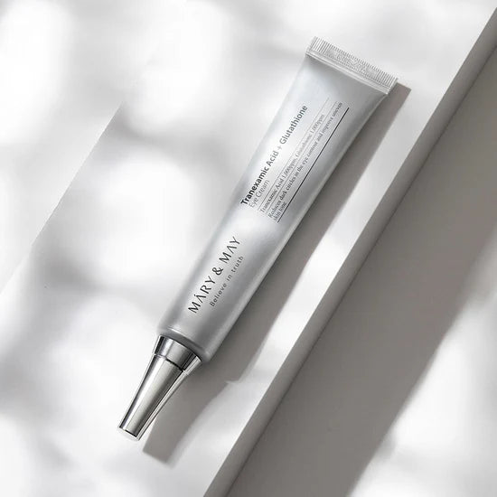 Mary & May Tranexamic Acid + Glutathione Eye Cream – A 30ml jar of brightening cream designed to reduce dark circles, fine lines, and wrinkles around the eyes with a blend of Tranexamic Acid, Glutathione, and Vitamin C.