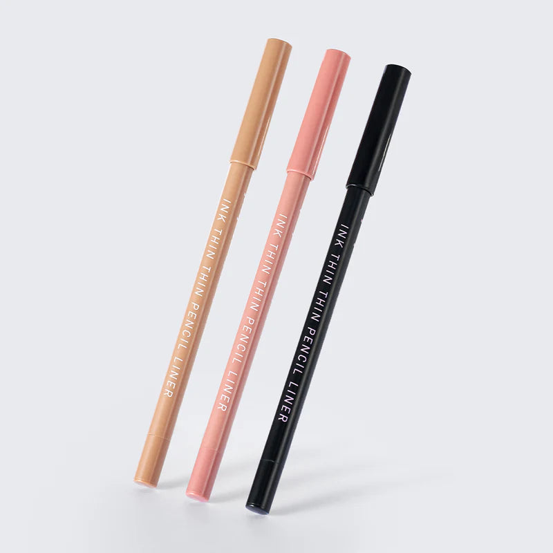 Peripera Ink Thin Thin Pencil Liner with a precise 2mm tip for creating wide-eyed looks. Available in two shades: Cacao Brown and Black Noir, offering smooth, long-lasting, and smudge-proof application for the perfect eyeliner every time.