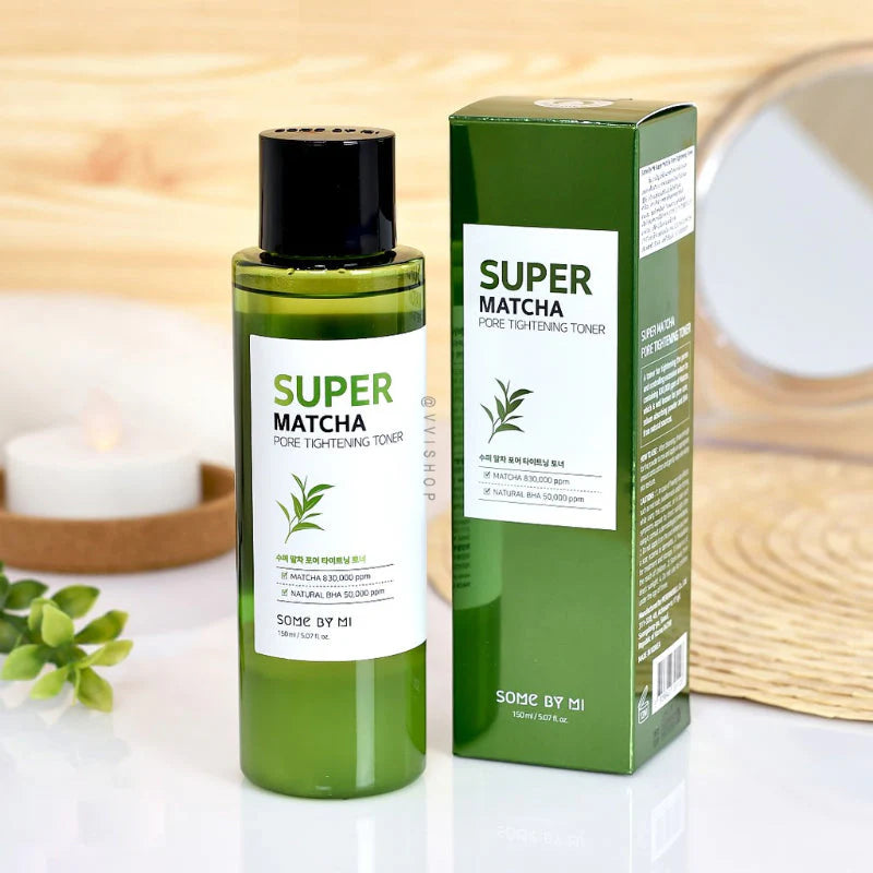 Packaging Some By Mi Super Matcha Pore Tightening Toner – A two-part toner with Matcha Water and soothing ingredients like Willow Bark, Tea Tree, and Centella to control oil, tighten pores, and calm skin.