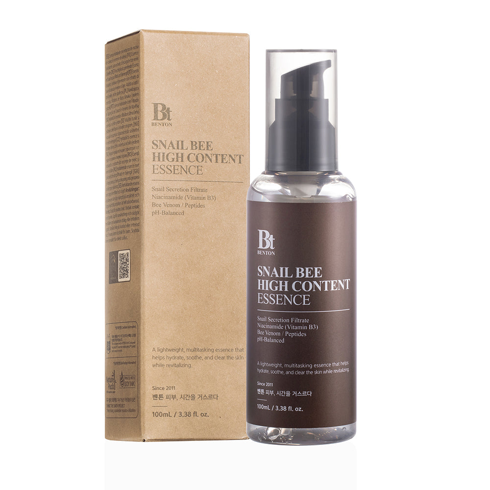 Benton Snail Bee High Content Essence packaging – Free from parabens, artificial fragrances, and silicones, featuring skin-repairing snail secretion and anti-ageing peptides