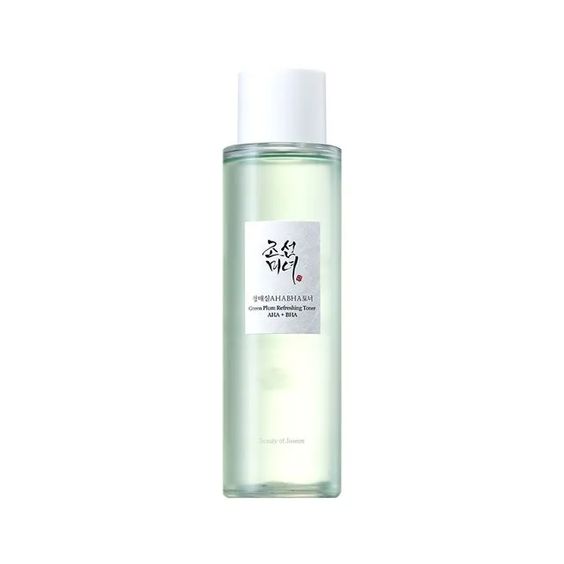 Beauty of Joseon Green Plum Refreshing Toner AHA+BHA, 150ml, made with 25% plum water and 2% mung bean extract to exfoliate, hydrate, and improve skin texture