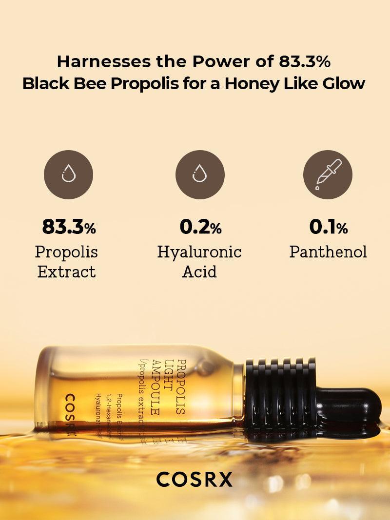 Cosrx Full Fit Propolis Light Ampule Main ingredient: 83.3% Propolis Extract – Known for its hydrating, soothing, and skin-smoothing properties