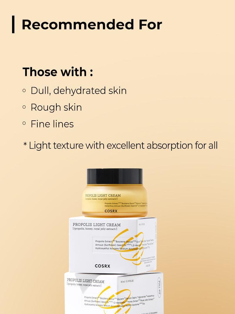 Cosrx Full Fit Propolis Light Cream – A lightweight moisturizer with black bee propolis, honey, and royal jelly for hydrated, glowing skin