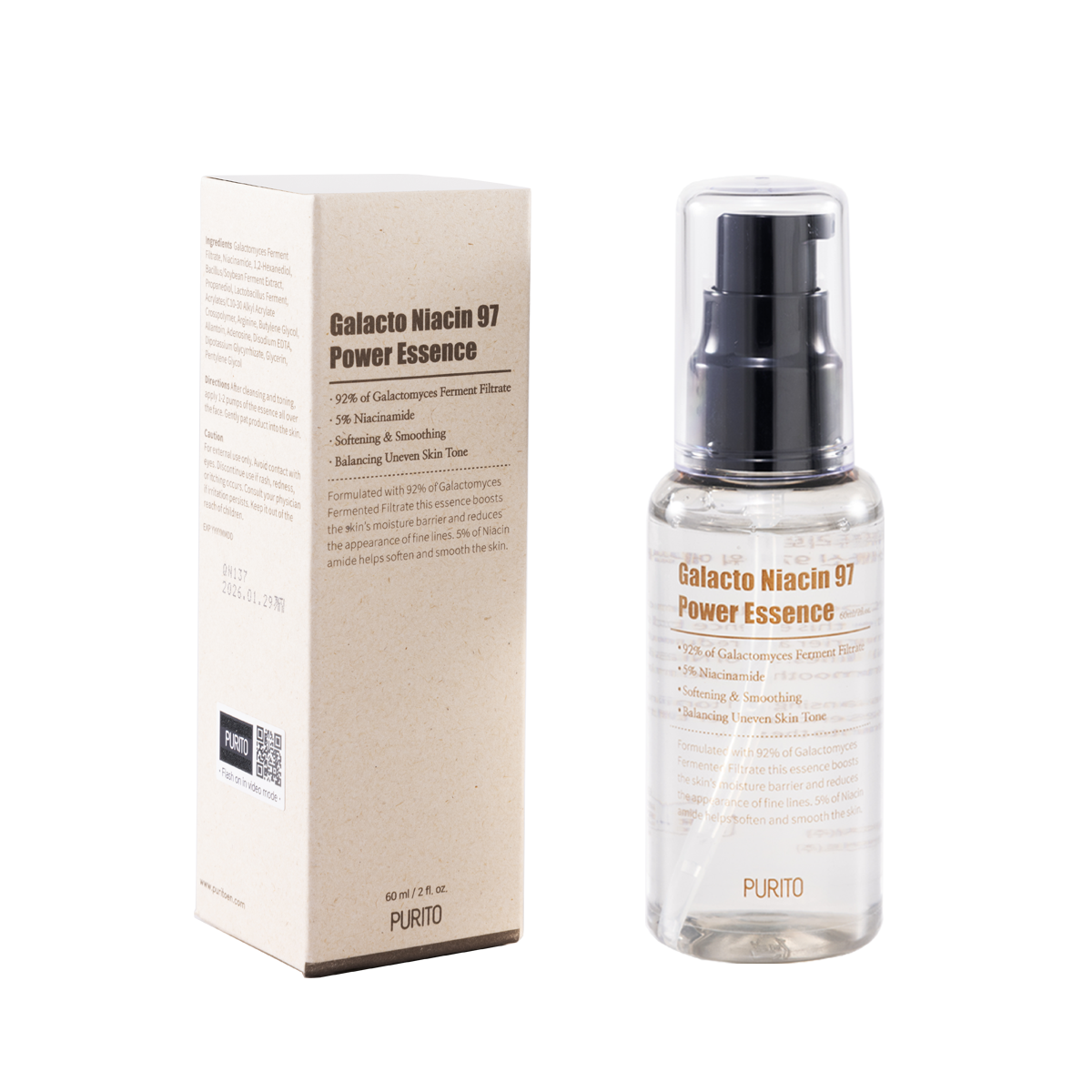 Purito Galacto Niacin 97 Power Essence packaging – 60ml clear bottle with simple, modern design for daily skincare.