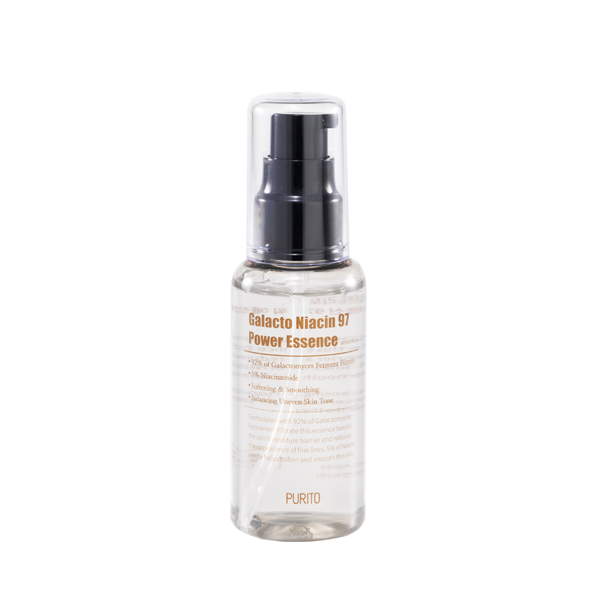 Purito Galacto Niacin 97 Power Essence 60ml – Lightweight essence with 92% Galactomyces Fermented Filtrate for smooth, bright skin.