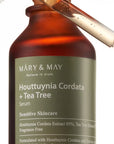 Close-up of key ingredients: Houttuynia Cordata Extract and Tea Tree Extract – Focused on their soothing and anti-inflammatory properties to reduce irritation and fight acne.