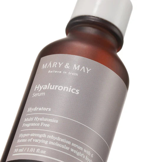 Close-up of Mary & May Multi Hyaluronic Serum packaging – Highlighting the sleek bottle design and emphasizing the six types of hyaluronic acid that lock in hydration and promote smooth, hydrated skin.