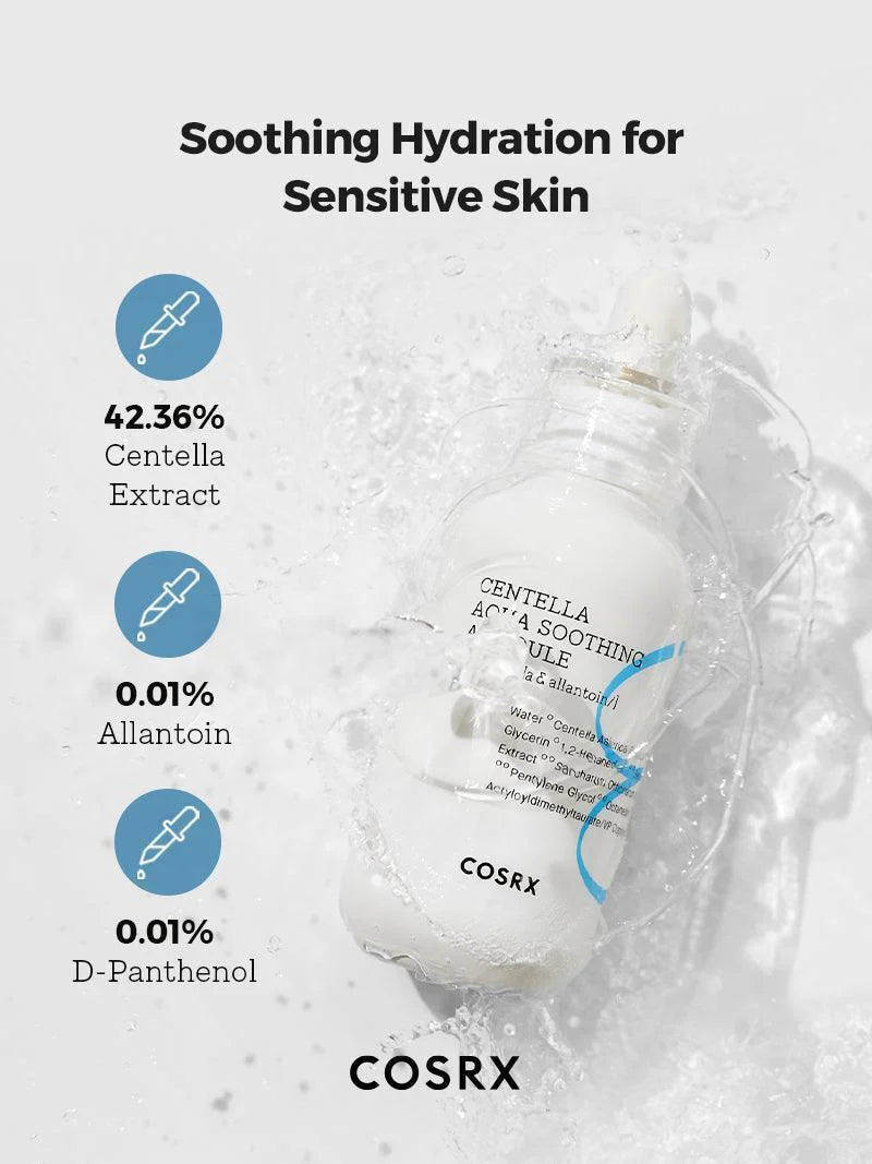 COSRX Hydrium Centella Aqua Soothing Ampoule – Formulated with Centella Asiatica and Madecassoside to calm red, acne-prone skin