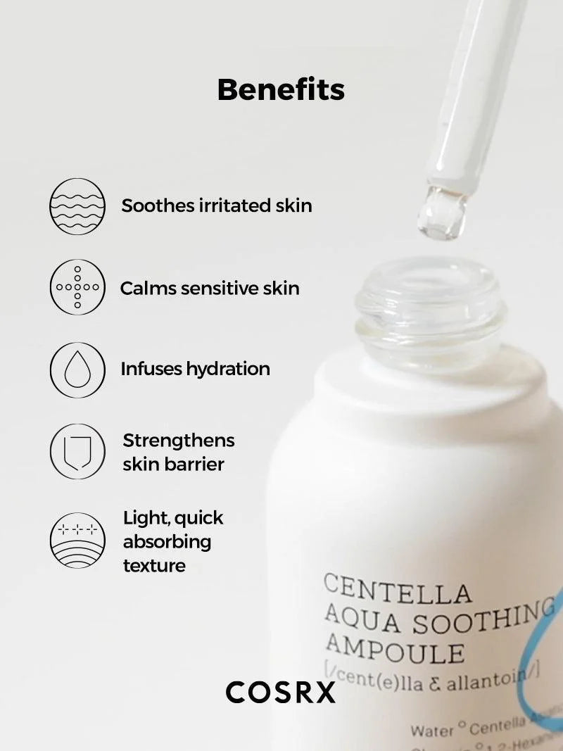 COSRX Hydrium Centella Aqua Soothing Ampoule – Formulated with Centella Asiatica and Madecassoside to calm red, acne-prone skin