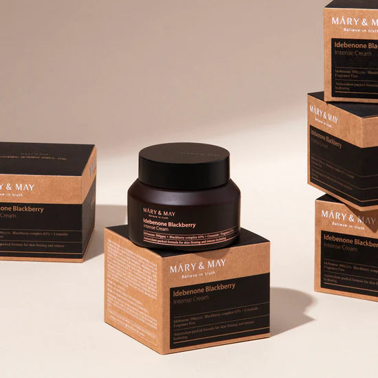 Mary & May Idebenone + Blackberry Complex Intensive Total Care Cream – A 70ml jar of rich cream designed to provide hydration, firmness, and anti-aging benefits with antioxidants and moisturizing ingredients.