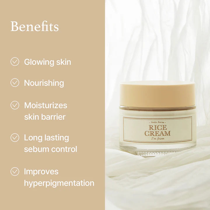 I’m From Rice Cream, a soothing moisturizer for oily and acne-prone skin, featuring rice bran extract and hyaluronic acid to hydrate, balance oil, and brighten complexion