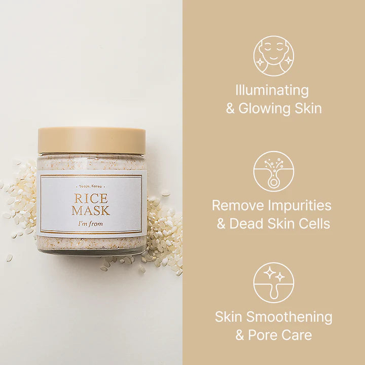 I’m From Rice Mask with rice bran and rice powder, a gentle scrub that cleans, brightens skin, and tightens pores for a smooth, glowing complexion